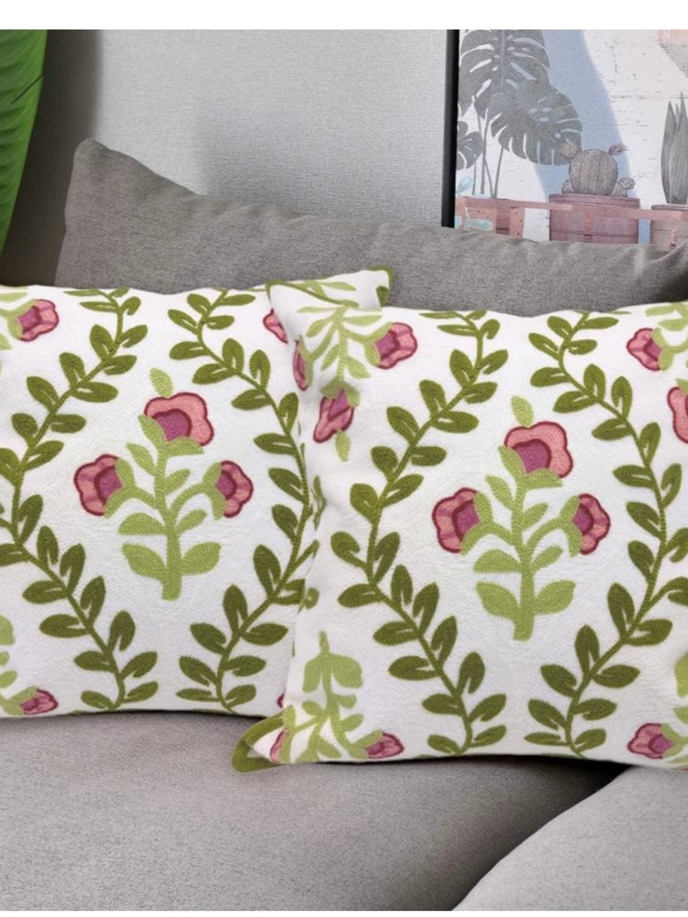 NWOT! Floral Embroidered Throw Pillow Covers. 
18"x 18", SET/2, Pink/Green